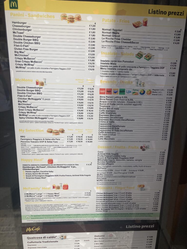 Mcdonalds Rome Menu With Prices